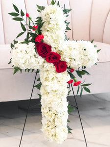 White Funeral Cross Wreath & Red Roses