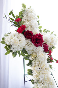 White Funeral Cross Wreath & Red Roses