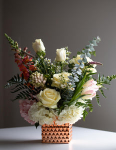 Spring Floral Centrepieces in Rose Gold Vase at House of Fiori Vancouver and Red Deer Studio