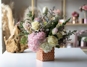 Spring Floral Centrepieces in Rose gold Vase at House of Fiori Vancouver and Red Deer Studio